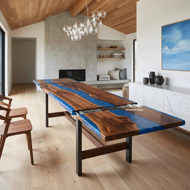 Seawavetable- high gloss bright blue resin black walnut expandable dining table full room view