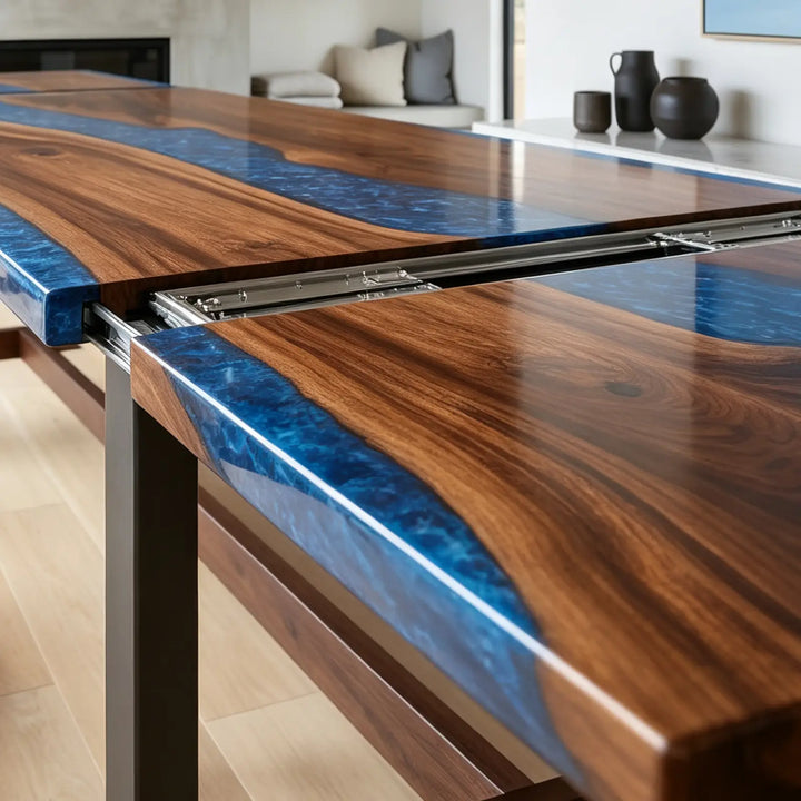 Seawavetable- handcrafted blue river epoxy extendable dining table in modern open dining room