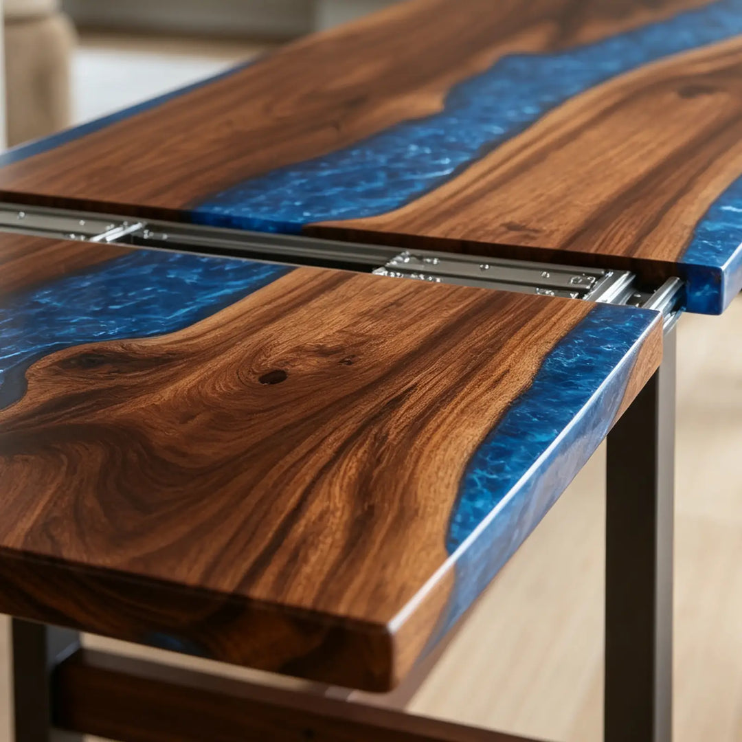 Seawavetable- close up of mirror high gloss bright blue river resin on black walnut tabletop