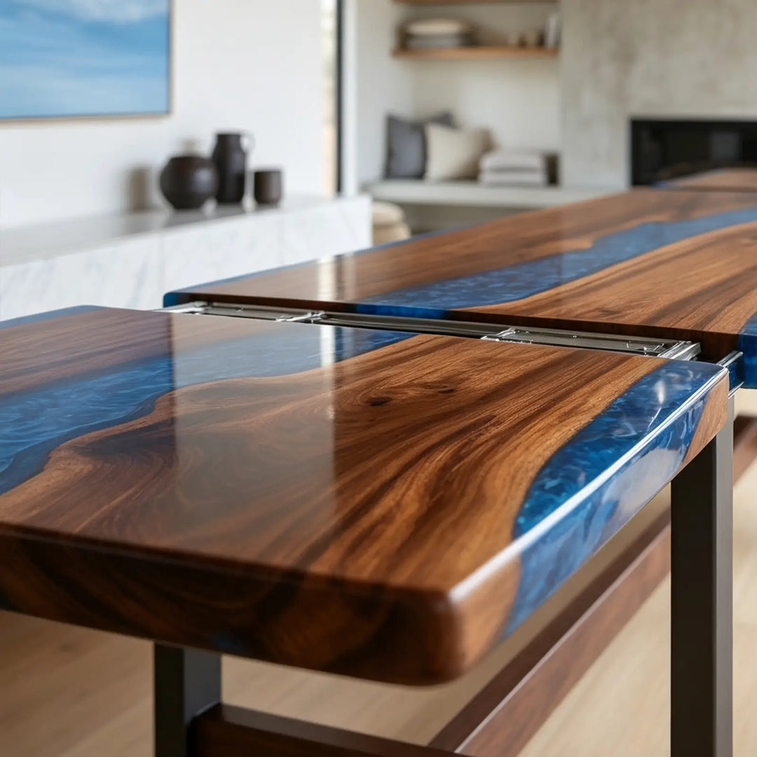 Seawavetable- black walnut expandable river table retracted for compact daily family meals