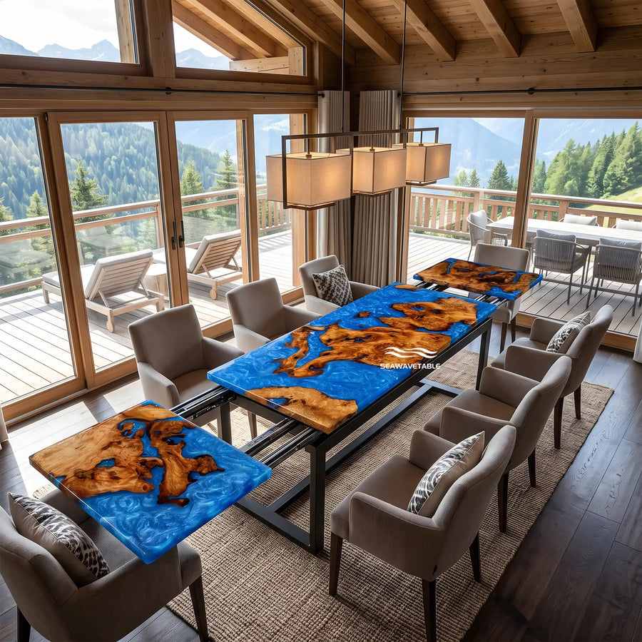 Seawavetable- custom epoxy river extendable dining table designed for large family gatherings