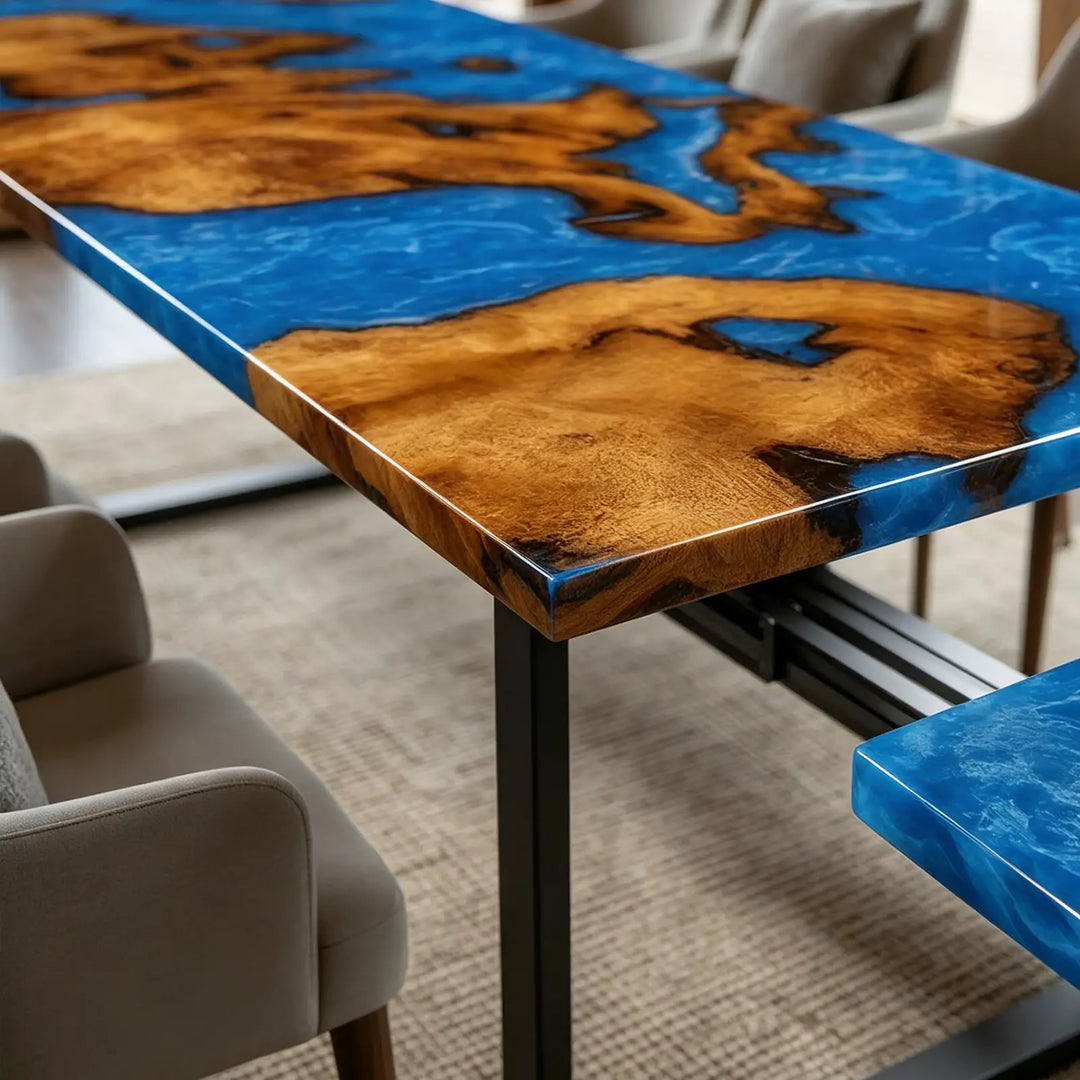 Seawavetable- solid cunninghamia wood extendable river table seamless continuous blue epoxy river design