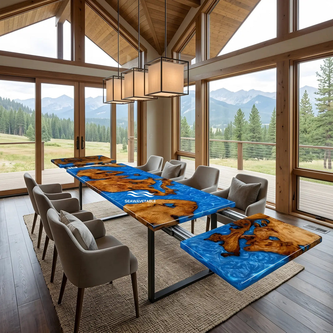 Seawavetable- high gloss bright blue resin cunninghamia wood expandable dining table mountain home interior