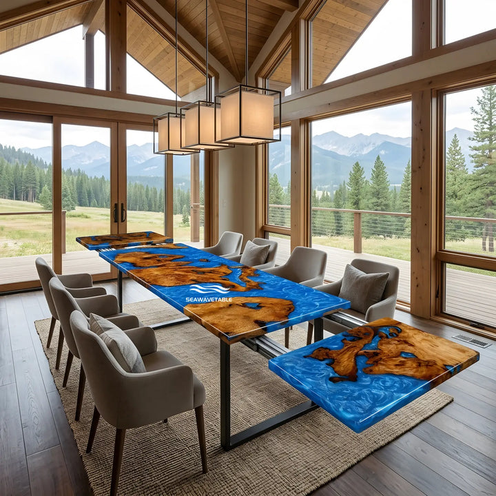 Seawavetable- high gloss bright blue resin cunninghamia wood expandable dining table mountain home interior