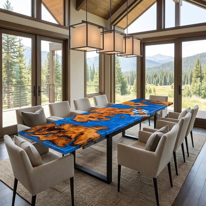 Seawavetable- solid cunninghamia wood extendable river dining table bright blue river epoxy high gloss straight edge