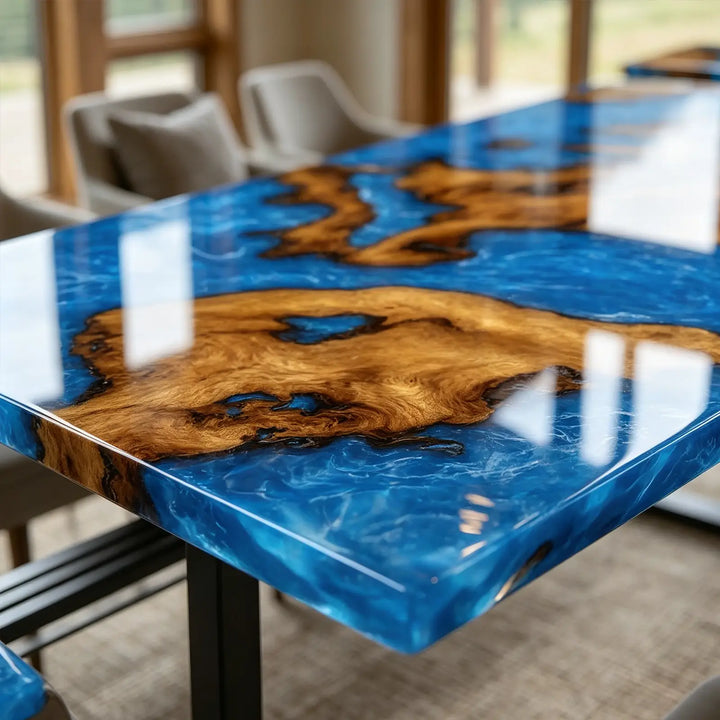 Seawavetable- straight edge solid cunninghamia wood epoxy river table fully extended setup