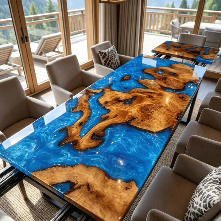 Seawavetable- premium kiln dried solid cunninghamia wood slab epoxy extendable dining furniture