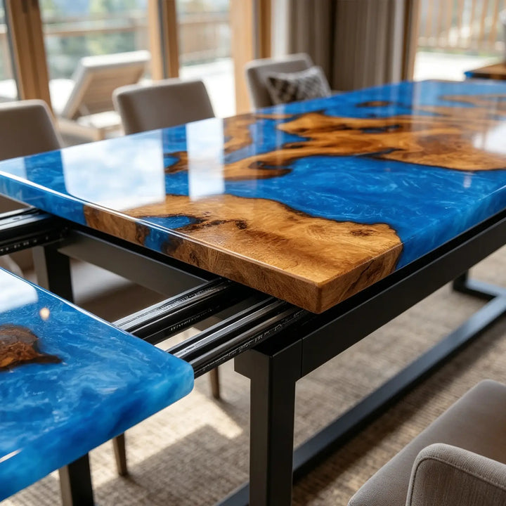 Seawavetable- custom made epoxy wood extendable dining centerpiece clean straight edge