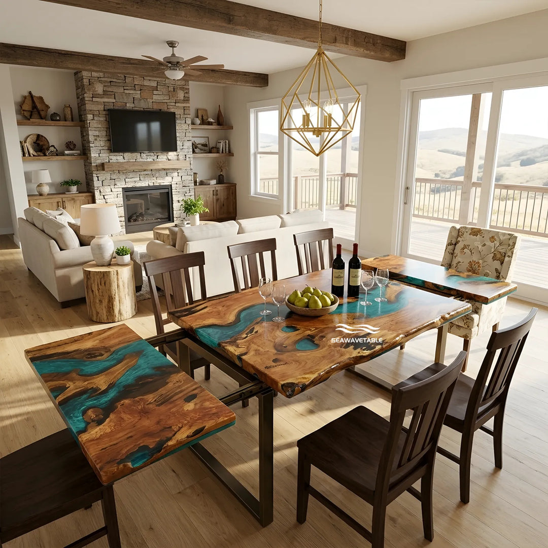 Seawavetable-Solid olive wood extendable ocean epoxy dining table, turquoise wave resin art, prominent natural live edge, full high gloss finish for family gatherings