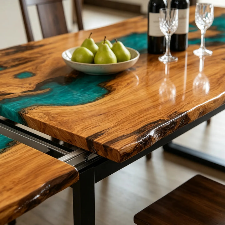 Seawavetable-Natural live edge olive wood ocean epoxy table, turquoise wave resin art for rustic farmhouse dining space