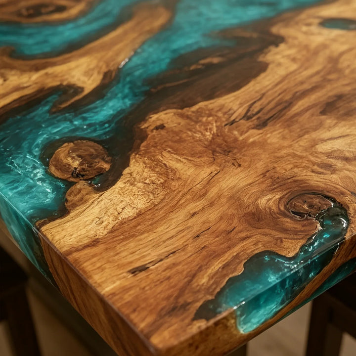 Seawavetable-Close-up of turquoise ocean wave epoxy and natural live edge grain on custom olive wood dining table