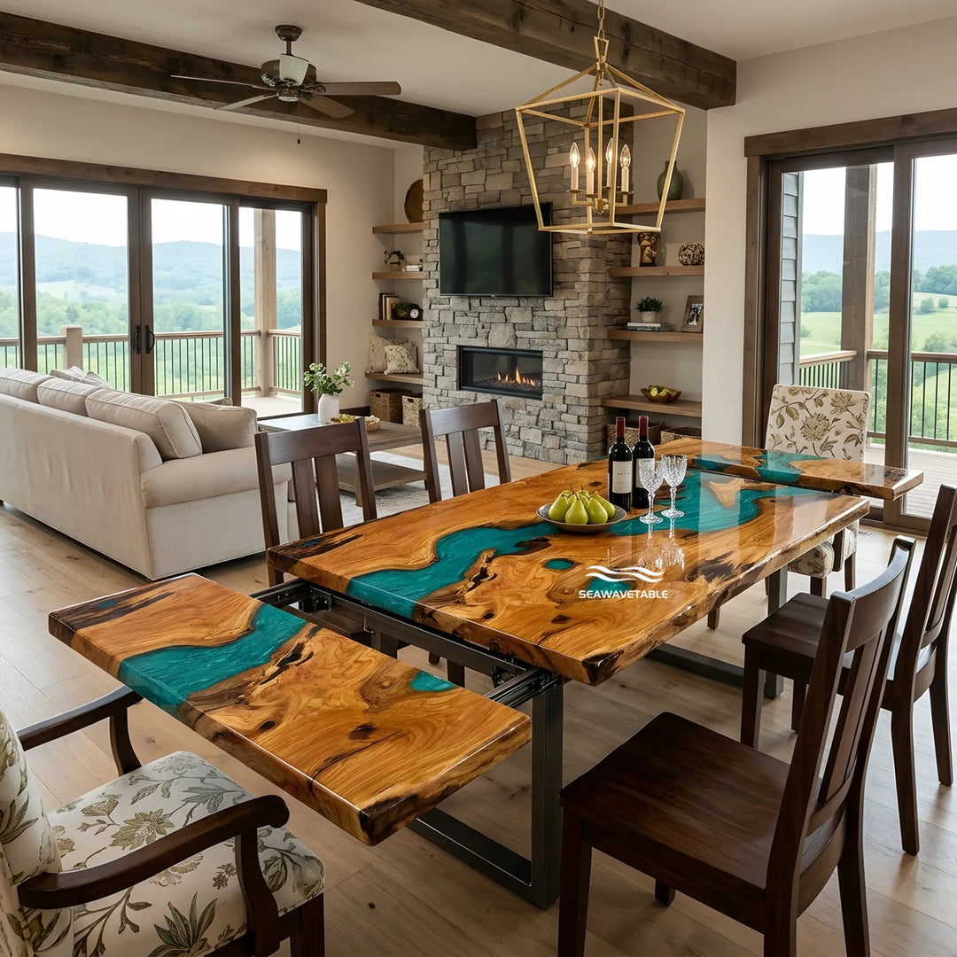 Seawavetable-Handcrafted olive wood expandable ocean table, dual-side fold-out leaves with seamless turquoise ocean wave epoxy and live edge