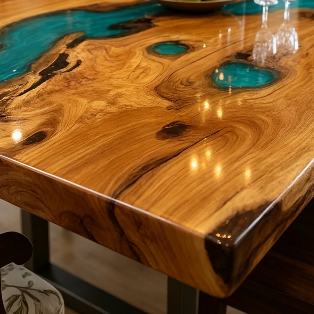 Seawavetable-Full high gloss olive wood ocean epoxy table, fully extended for family dinner in rustic farmhouse dining room, natural live edge