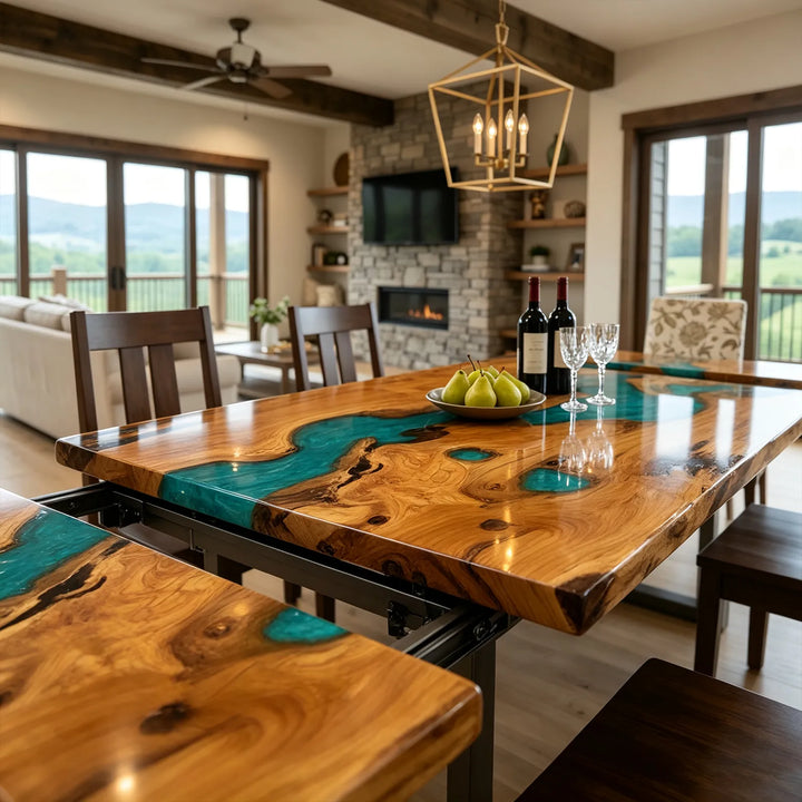 Seawavetable-Custom expandable ocean dining table, matching olive wood live edge and turquoise wave epoxy fold-out extension leaves