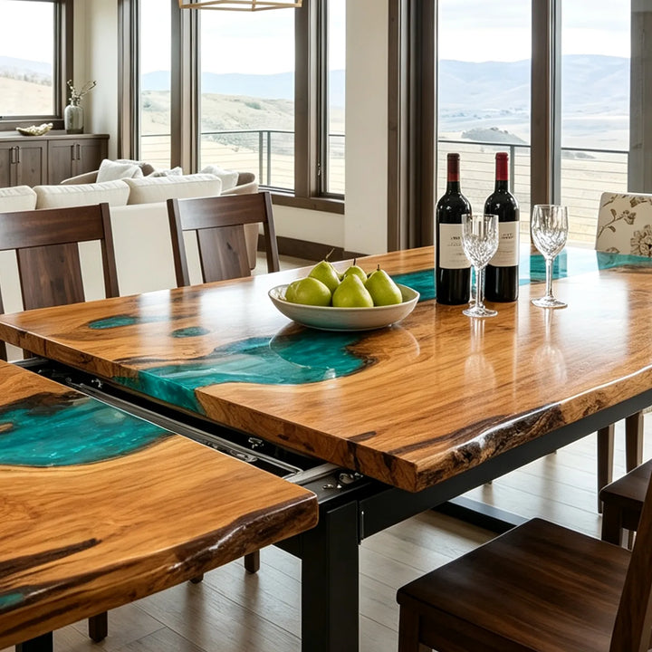 Seawavetable-Luxury extendable epoxy dining table, full high gloss finish, natural live edge olive wood slab tabletop with ocean foam resin