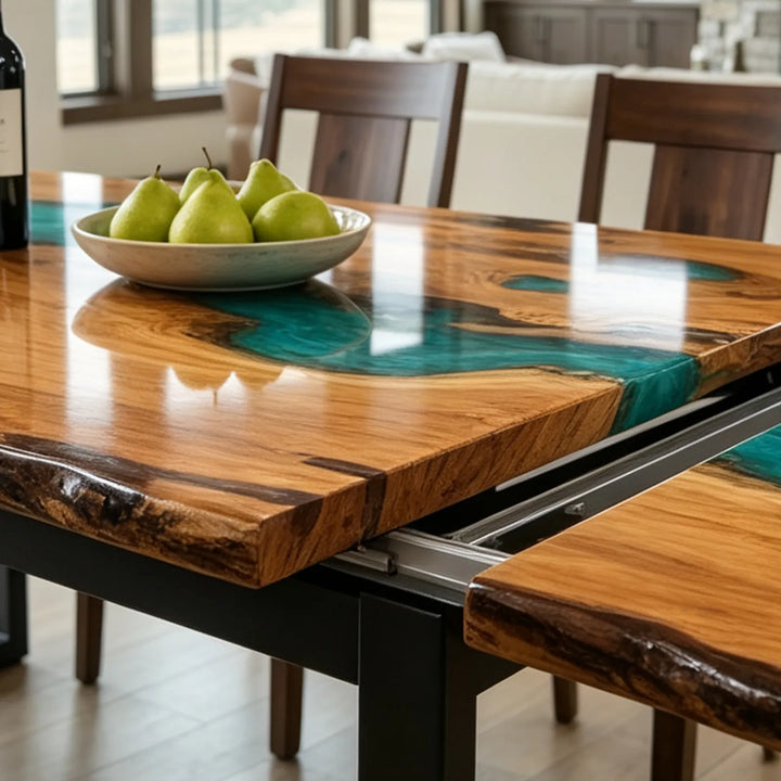Seawavetable-Rustic olive wood dining centerpiece, turquoise ocean wave epoxy resin with white foam details, glossy surface and natural live edge