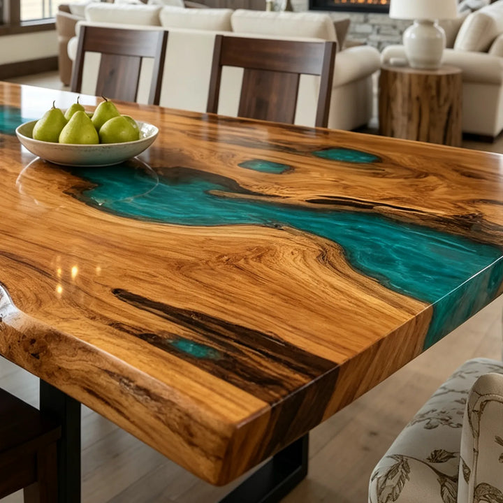 Seawavetable-Heavy duty concealed hardware extendable table, fold-out leaf mechanism of live edge turquoise ocean wave epoxy dining table
