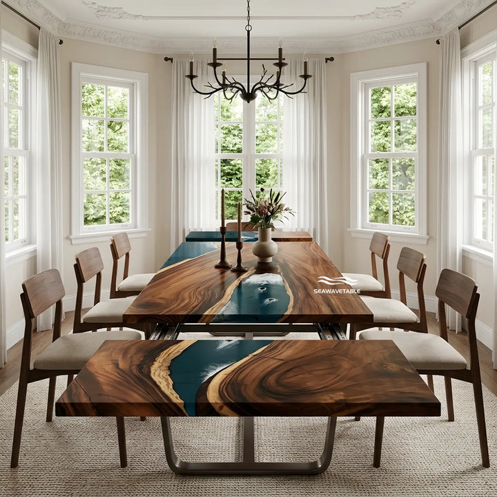 Seawavetable-Solid walnut extendable ocean river epoxy dining table, teal resin art with embedded small fish, clean straight edge, full high gloss finish for family gatherings