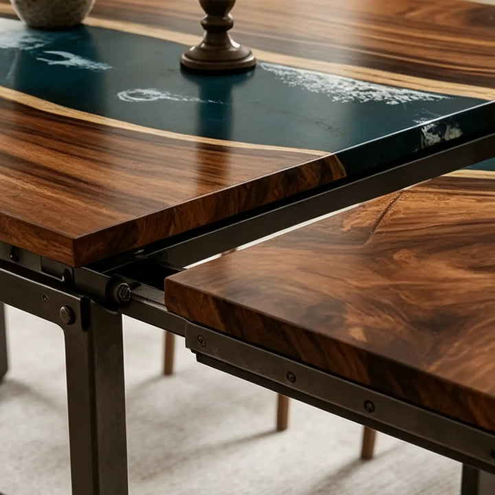 Seawavetable-Heavy duty concealed hardware extendable table, fold-out leaf mechanism of teal river epoxy dining table with fish decor