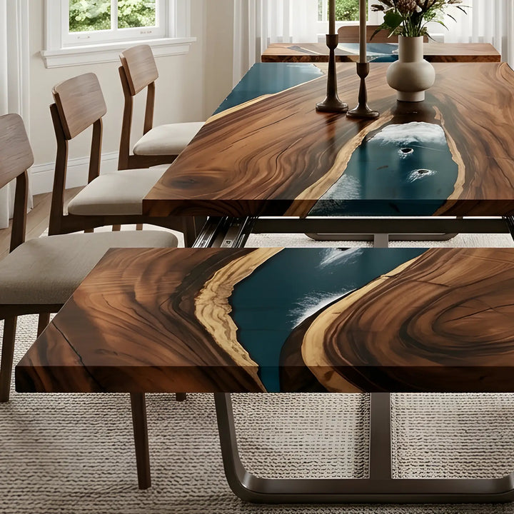 Seawavetable-Clean straight edge walnut river epoxy table, teal resin with fish art for traditional bright dining space