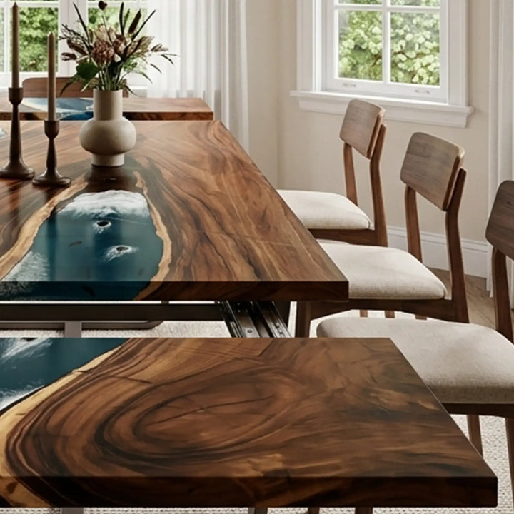 Seawavetable-Handmade luxury epoxy wood table, solid walnut straight edge with full high-gloss reflective finish