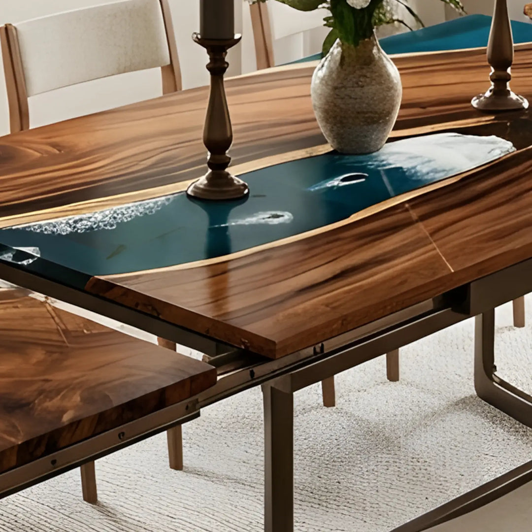 Seawavetable-Walnut extendable river epoxy table retracted view, compact size for everyday family meals, clean straight edge