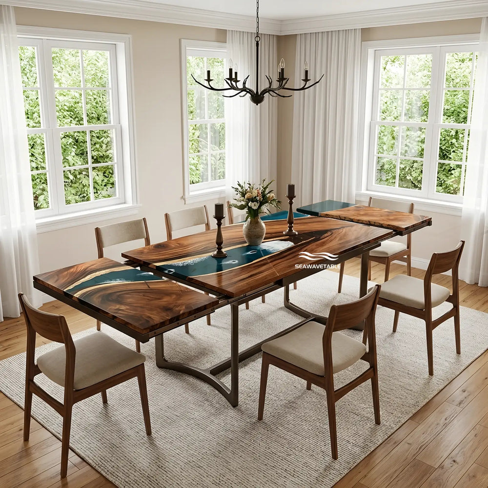 Seawavetable-Handcrafted walnut expandable river dining table, dual-side fold-out leaves with seamless teal epoxy river and fish detailing