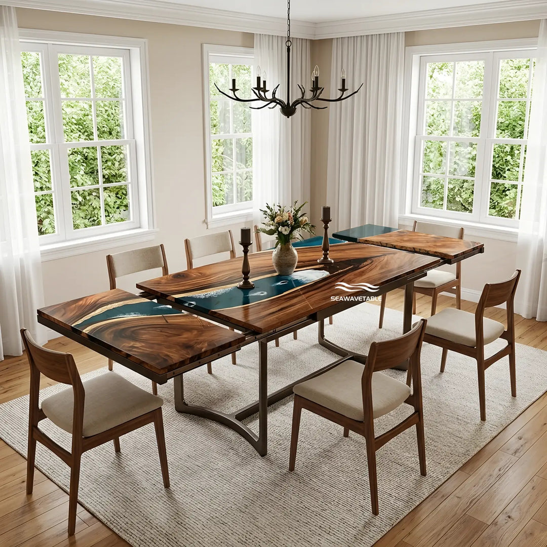 Seawavetable-Handcrafted walnut expandable river dining table, dual-side fold-out leaves with seamless teal epoxy river and fish detailing