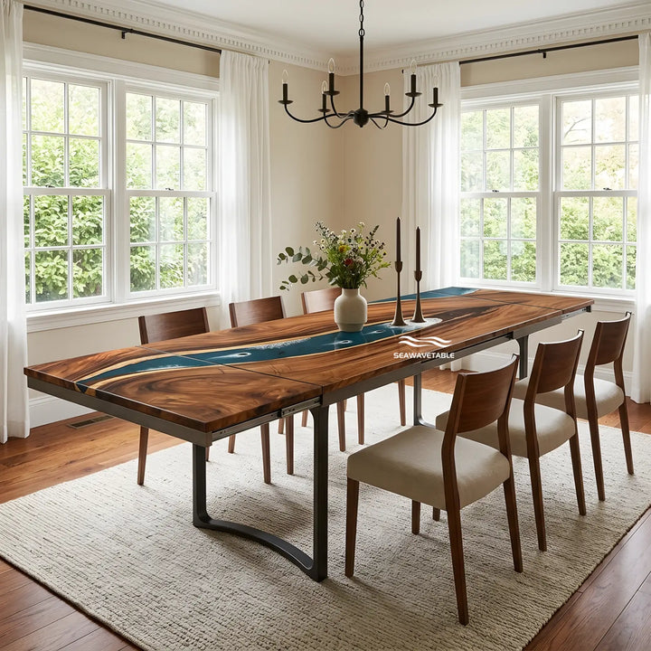 Seawavetable-Luxury extendable epoxy dining table, full high gloss finish, straight edge solid walnut slab tabletop with aquatic fish resin art