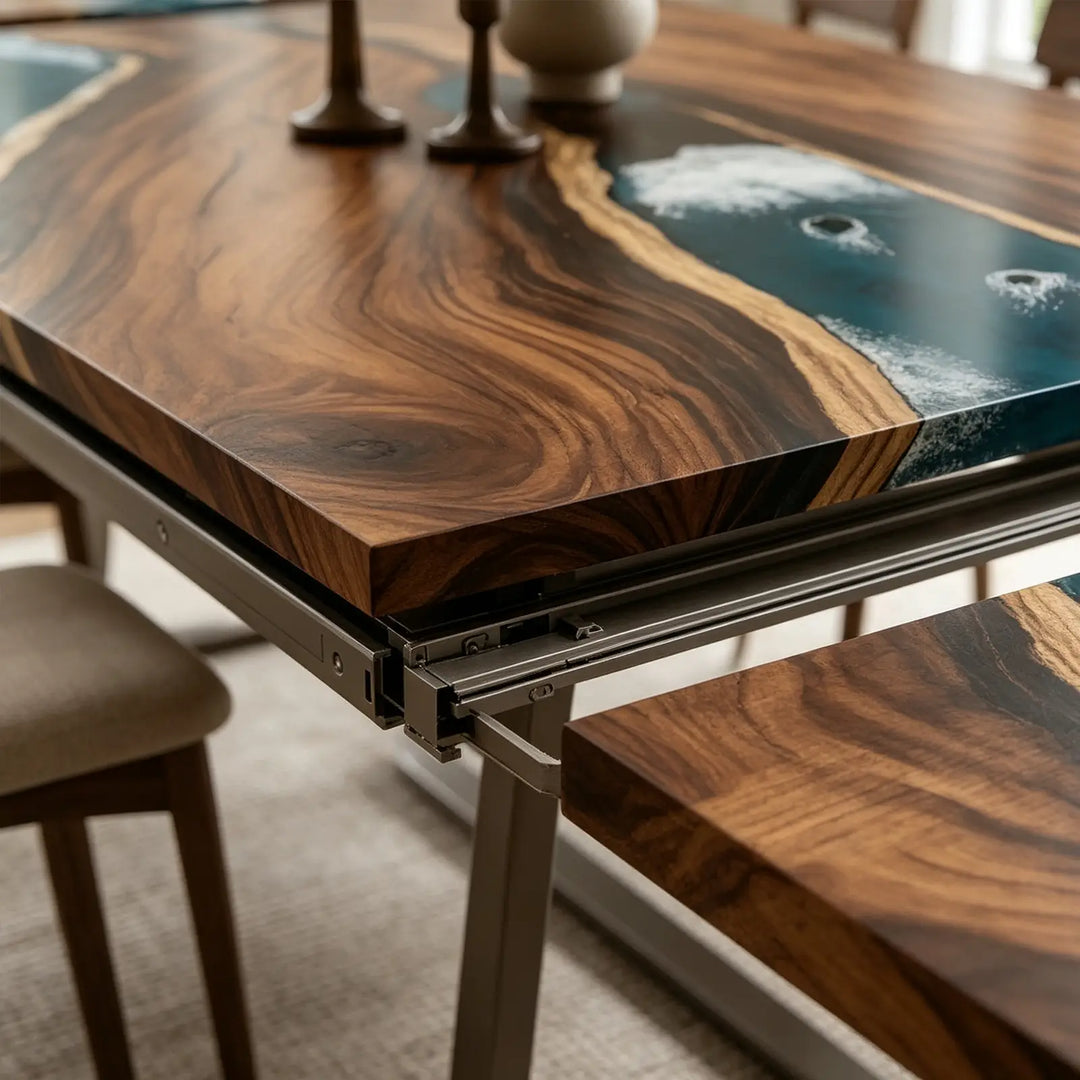 Seawavetable-Full high gloss walnut river epoxy table, fully extended for family dinner in classic bright dining room, clean straight edge