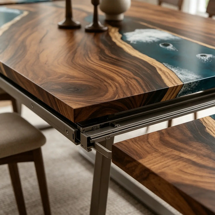 Seawavetable-Full high gloss walnut river epoxy table, fully extended for family dinner in classic bright dining room, clean straight edge