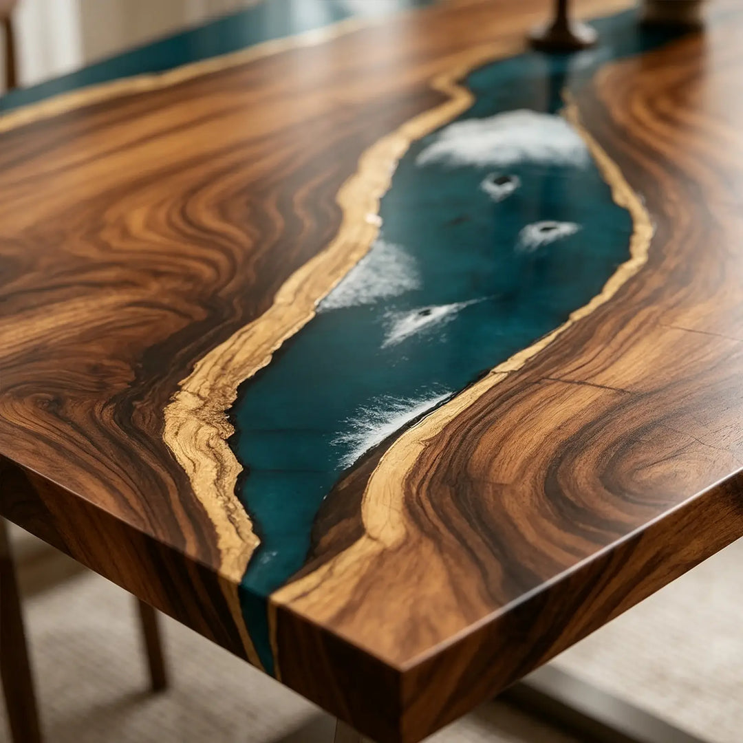 Seawavetable-Custom expandable river dining table, matching walnut and teal fish epoxy fold-out extension leaves, straight edge