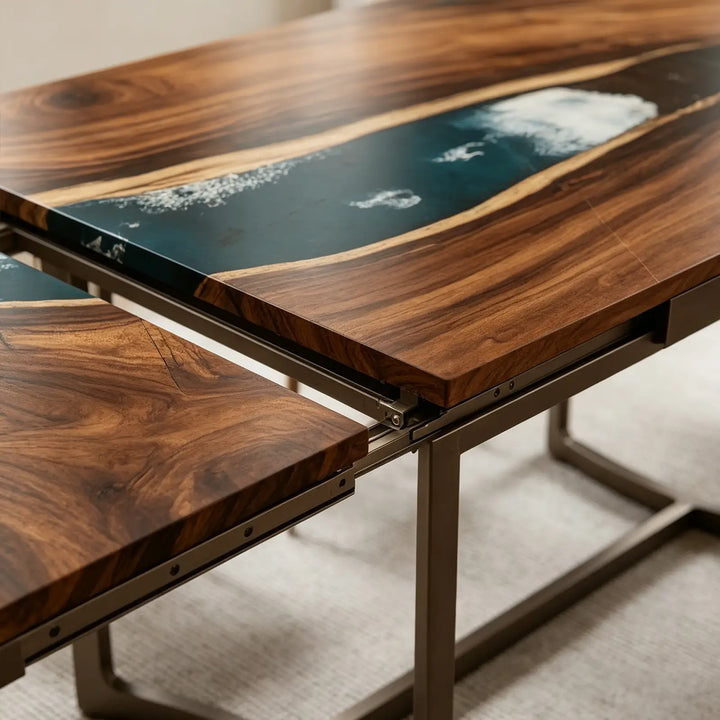 Seawavetable-Elegant walnut dining centerpiece, teal ocean river epoxy resin with embedded small fish, glossy surface and straight edge