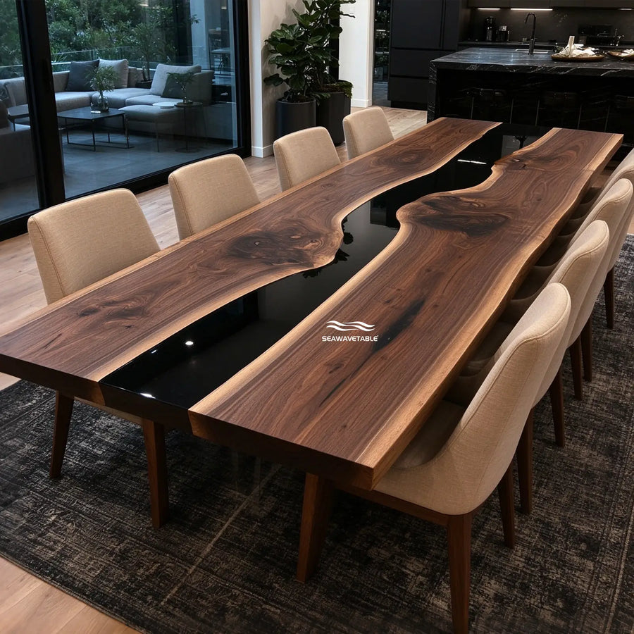 Seawavetable-Black walnut epoxy river dining conference table matte wood glossy black resin straight edge