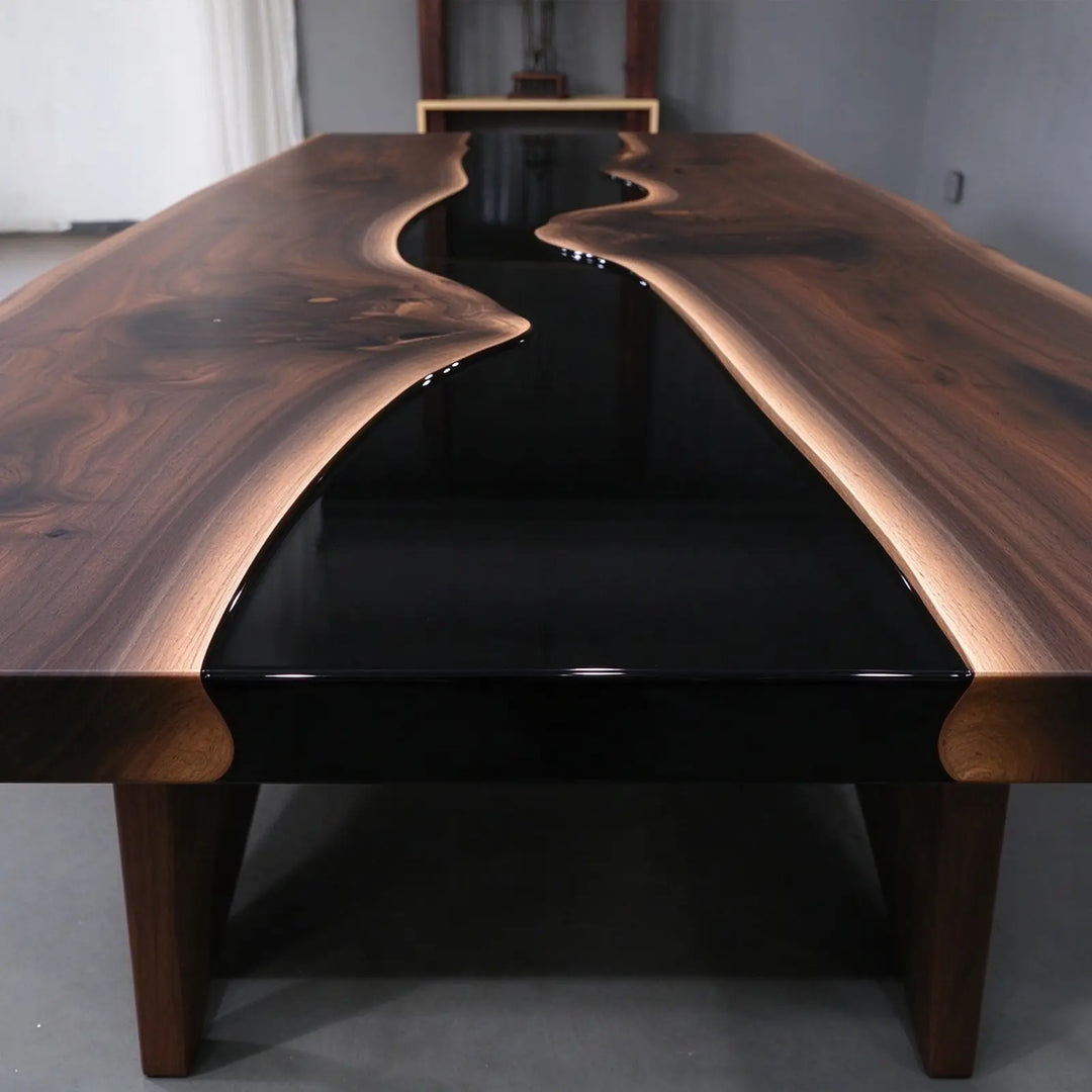Seawavetable-Contemporary black walnut epoxy river table natural wood grain detail