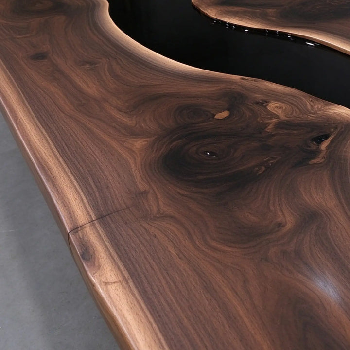 Seawavetable-Artisan epoxy wood table black walnut matte surface shiny black resin stream