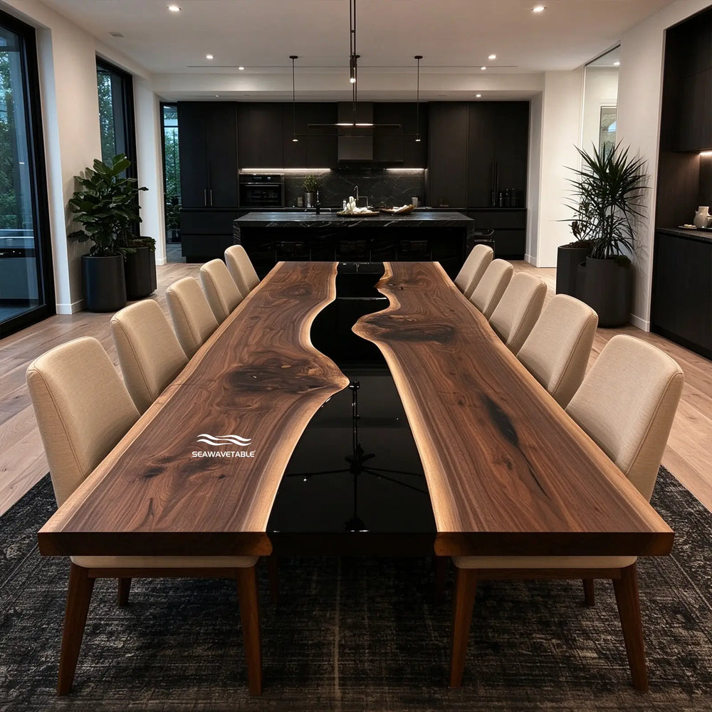Seawavetable-Handmade solid black walnut resin river table for dining room and office meeting