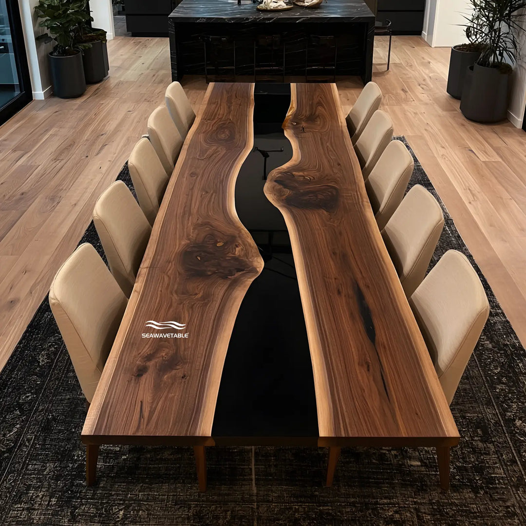 Seawavetable-Straight edge black walnut epoxy table with matte finish wood high-gloss black resin river