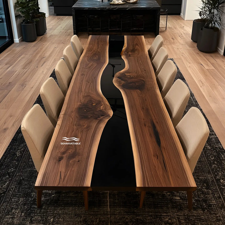 Seawavetable-Straight edge black walnut epoxy table with matte finish wood high-gloss black resin river