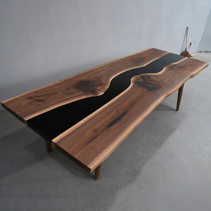 Seawavetable-Modern black river epoxy table black walnut slab dual matte and glossy finish