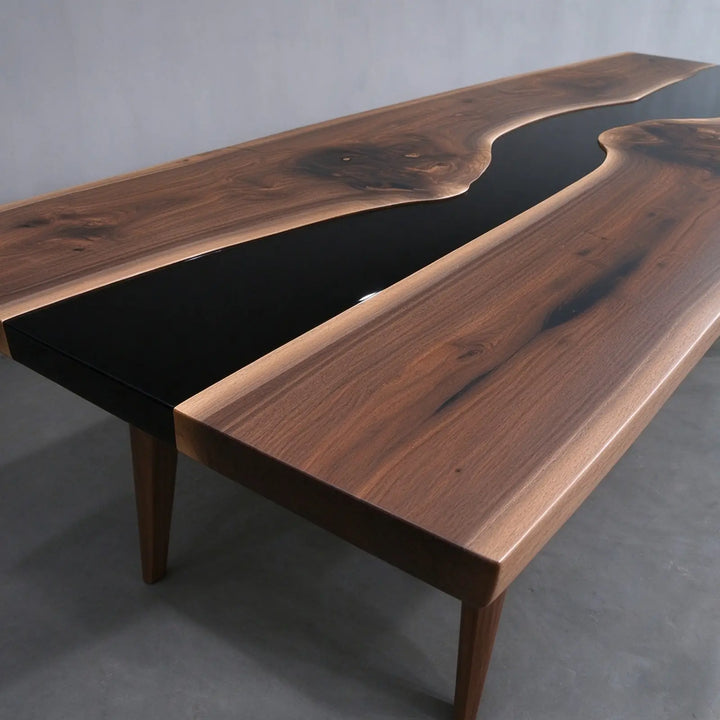 Seawavetable-High gloss black resin river table paired with matte black walnut top