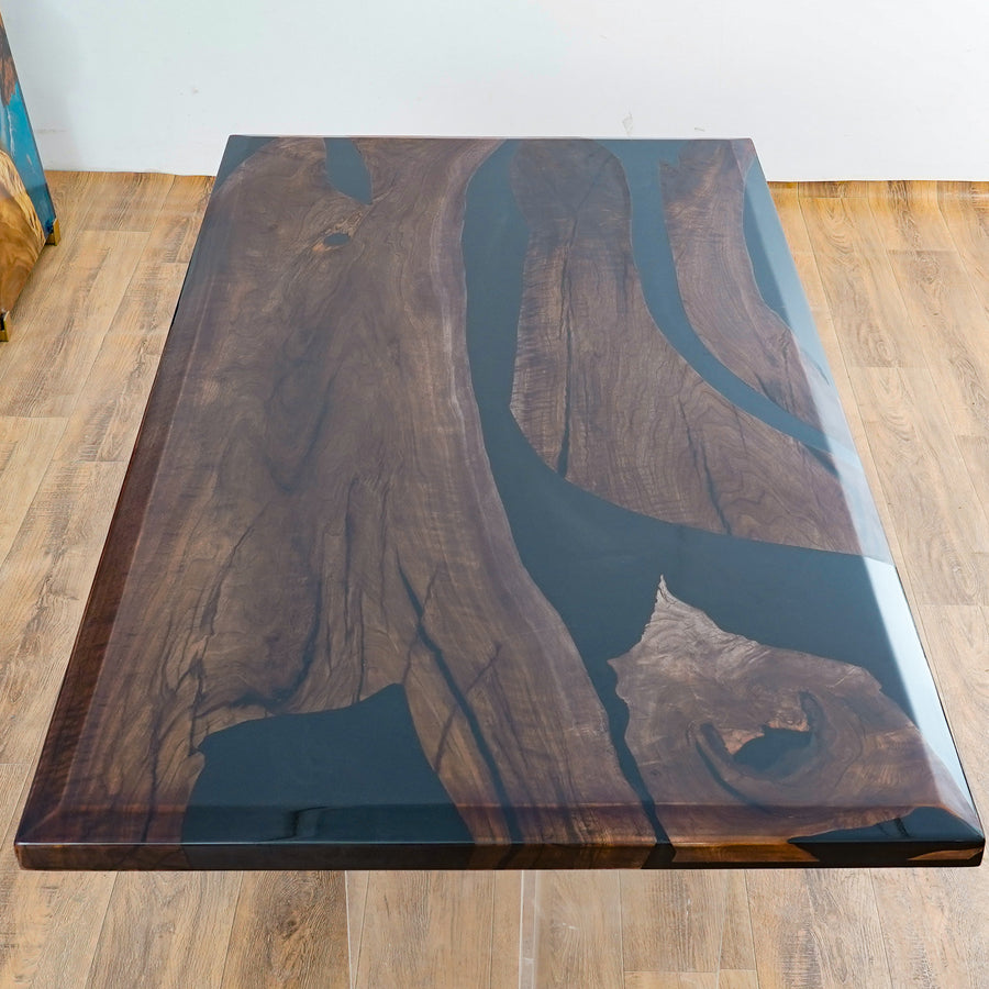 Seawavetable-Handcrafted black walnut dining table with black epoxy river design