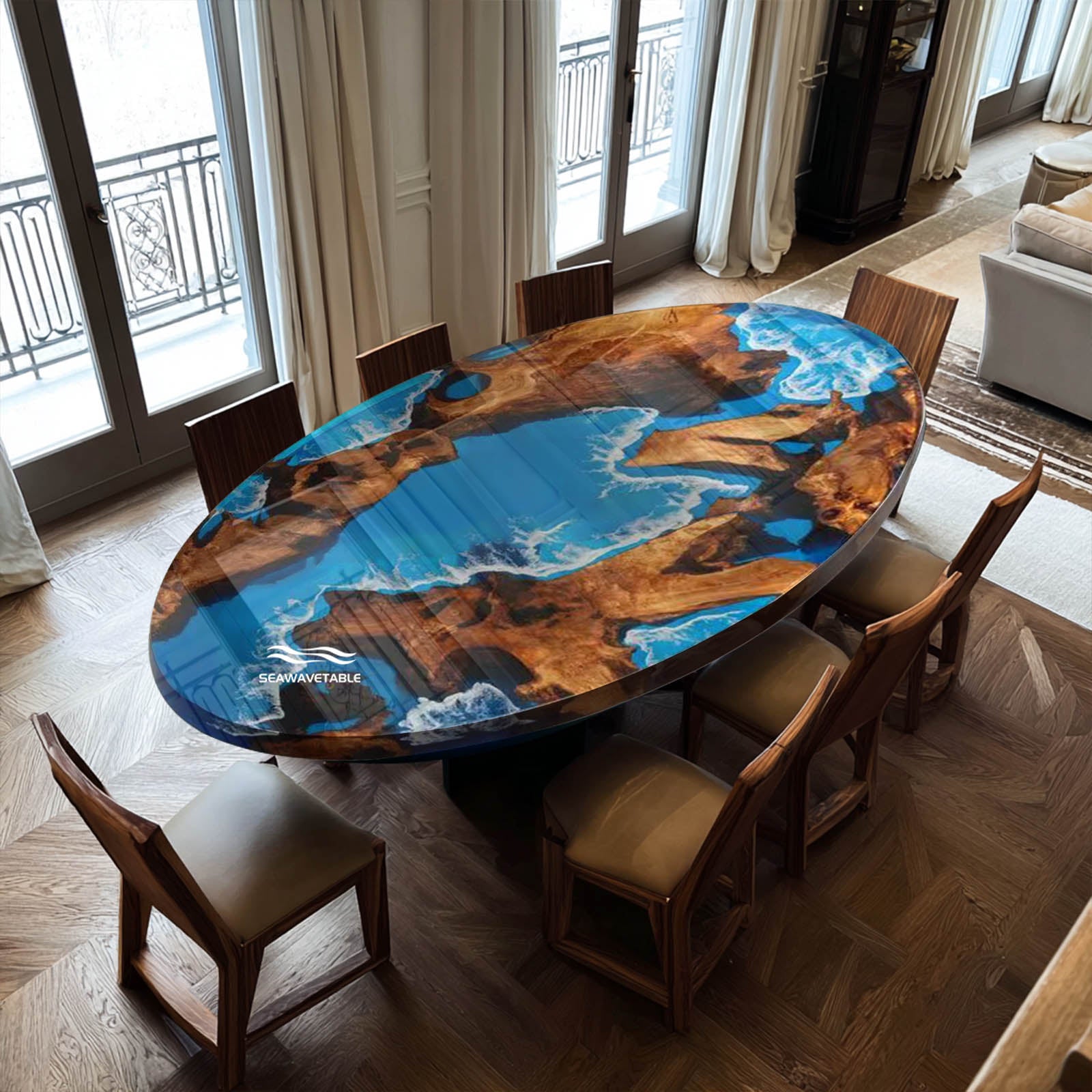 Hawaii-Inspired Oval Olive Wood Coffee Table with Ocean Wave Resin