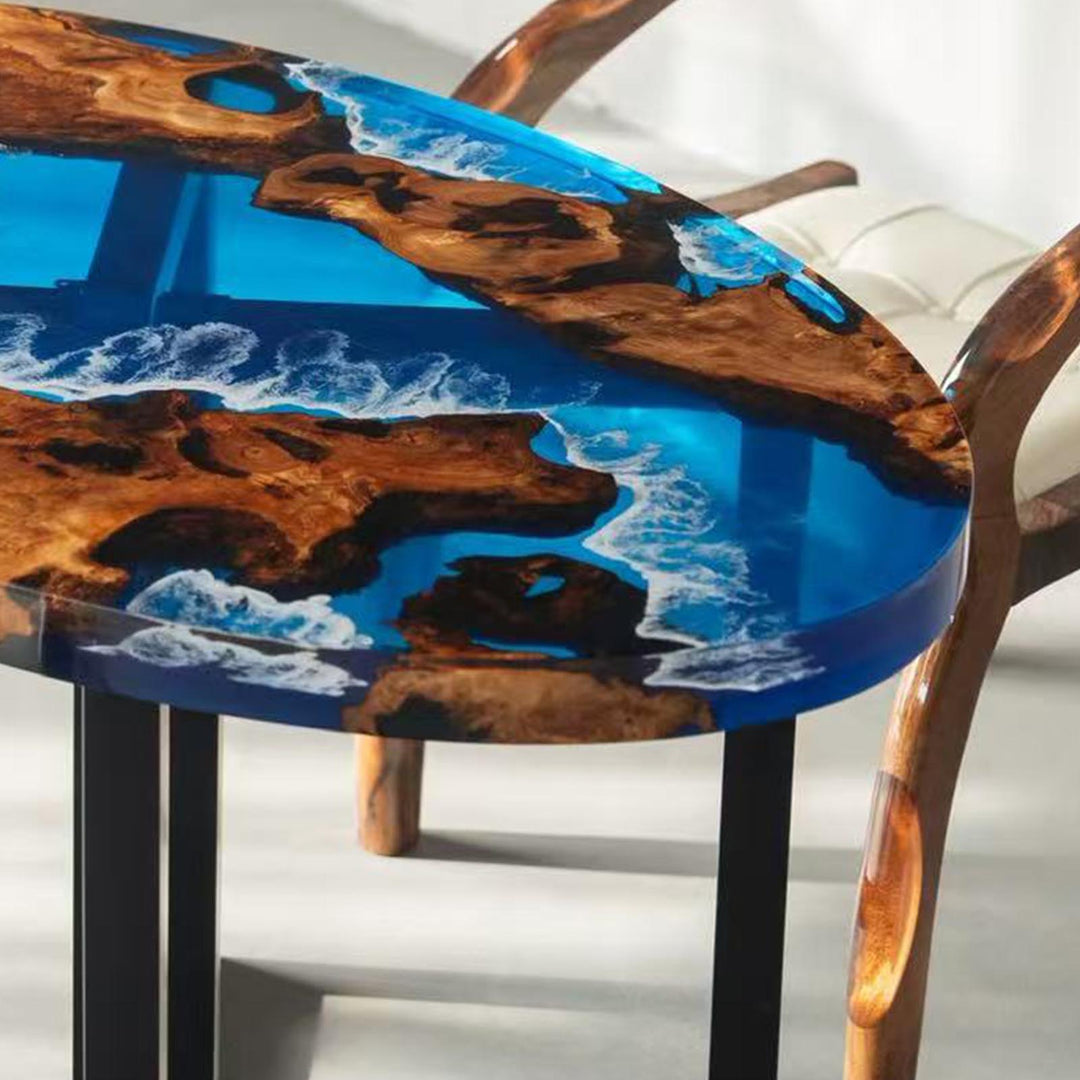 Seawavetable-Olive Wood Oval Table with Ocean Wave Resin and High-Gloss Finish – Hawaiian Art