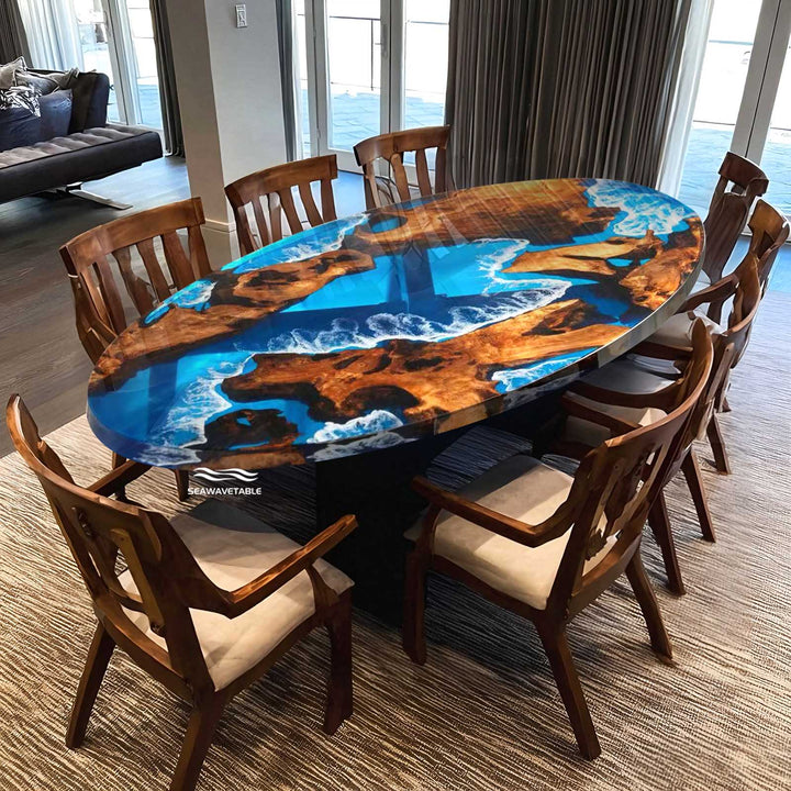 Seawavetable-Handcrafted Hawaiian Ocean Wave Resin River Coffee Table – Solid Olive Wood Oval Design