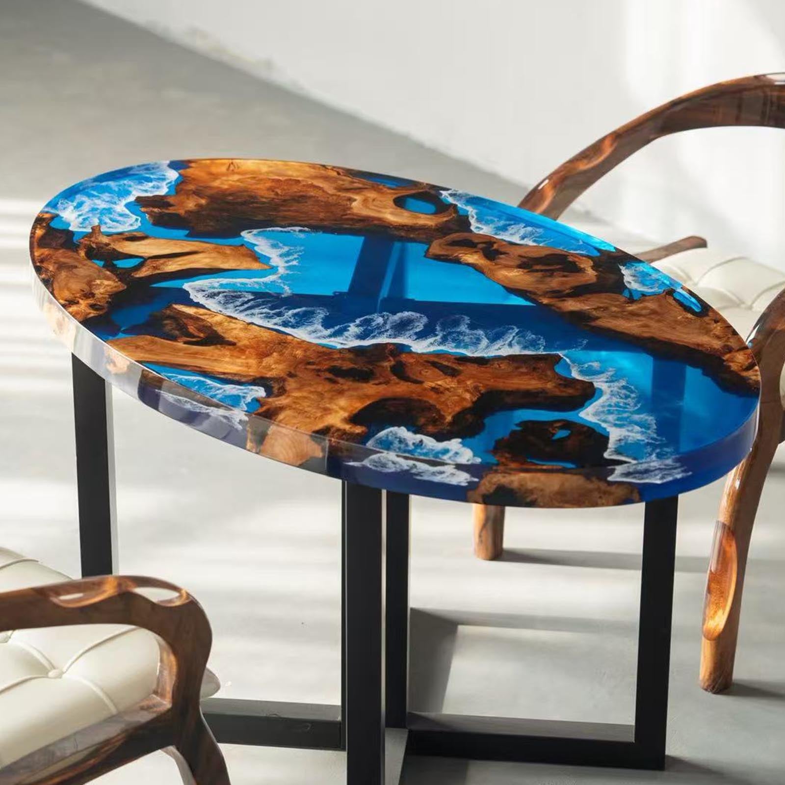 Hawaii-Inspired Oval Olive Wood Coffee Table with Ocean Wave Resin