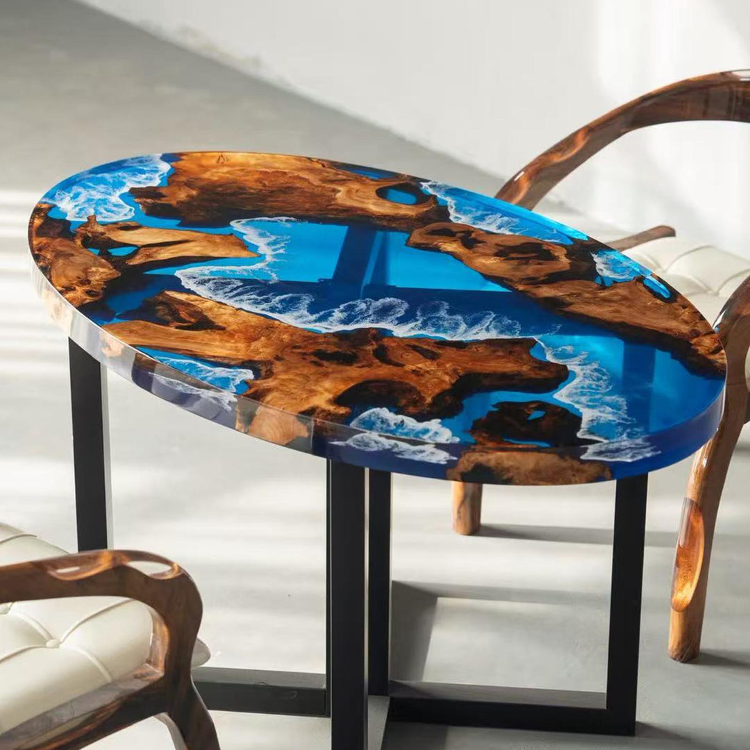 Seawavetable-Olive Wood Oval Coffee Table with Ocean Wave Resin Effect – Hawaiian Coastal Design