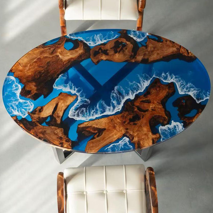 Seawavetable-Hawaiian Ocean Blue Resin Coffee Table with Wave Effect – Handcrafted Oval Table