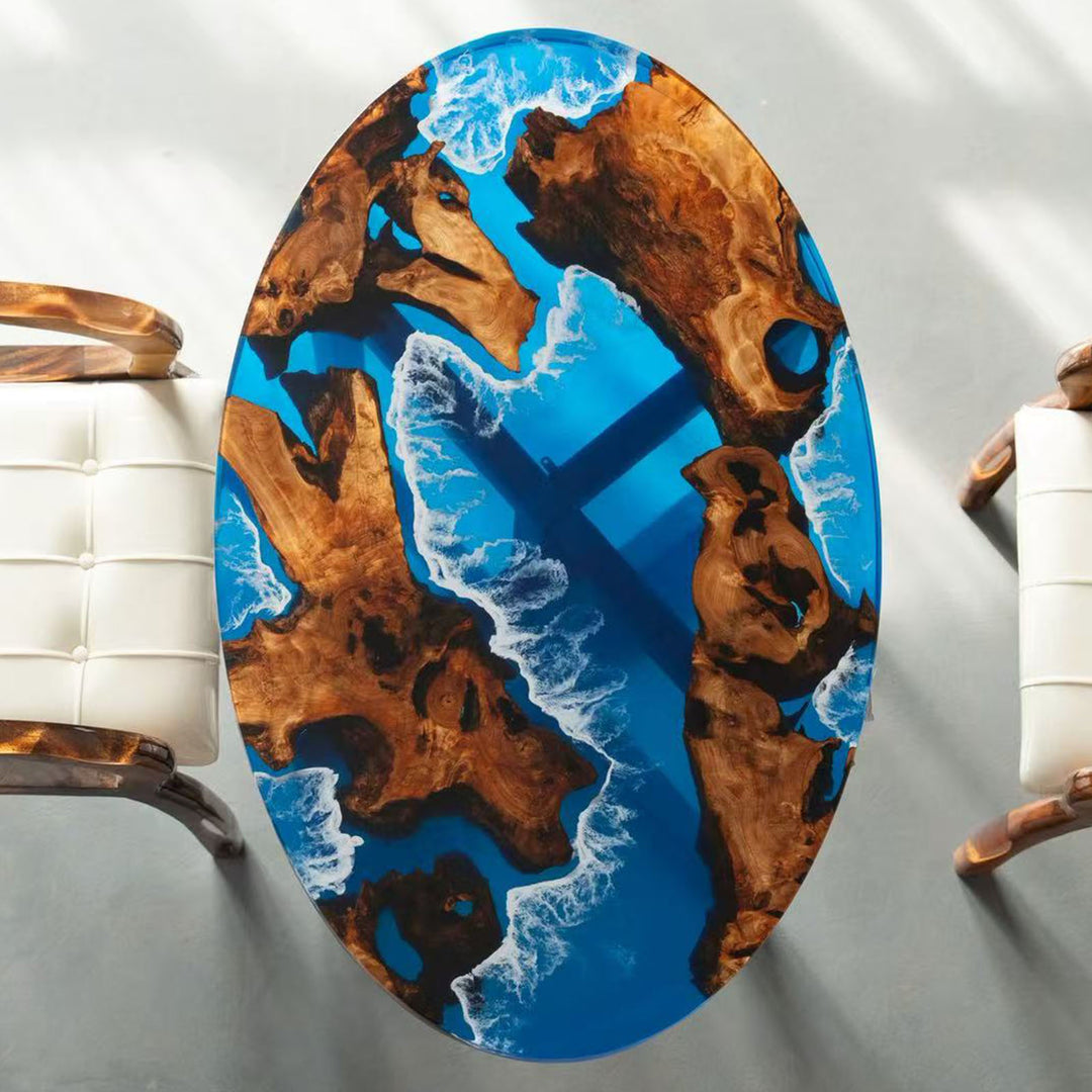 Seawavetable-High-Gloss Ocean Wave Resin Coffee Table with Olive Wood – Hawaiian-Inspired Oval Table