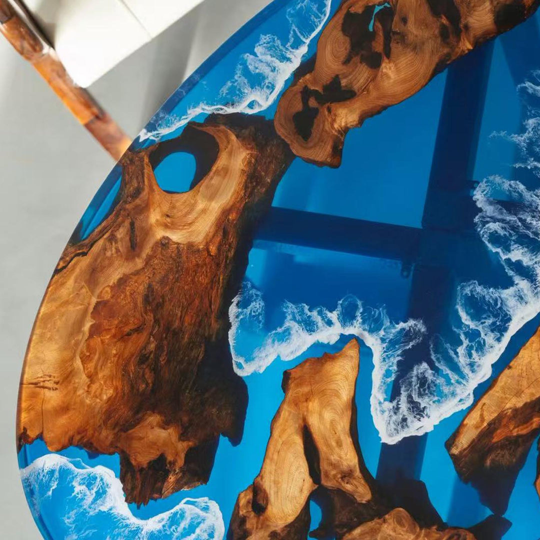 Seawavetable-Tropical Ocean Wave Resin Oval Coffee Table in Solid Olive Wood – Hawaiian Handcrafted